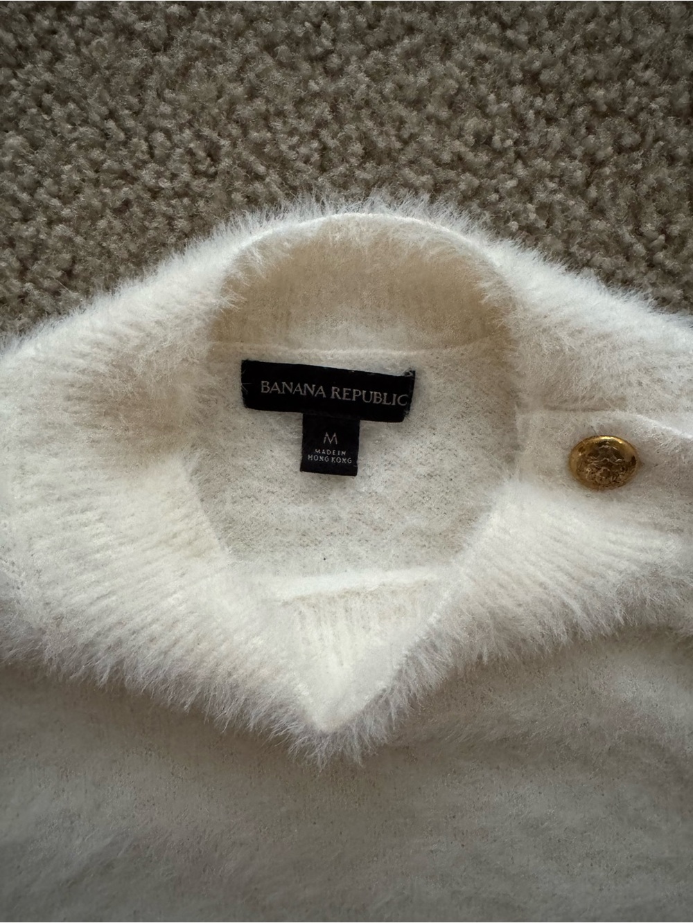 Banana Republic Cream Fuzzy Crewneck Sweater with Gold Button